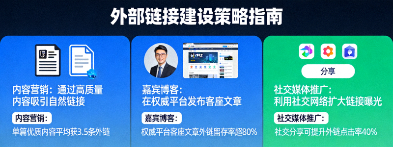展示外部链接建设策略的信息图，包含内容营销、嘉宾博客和社交媒体推广